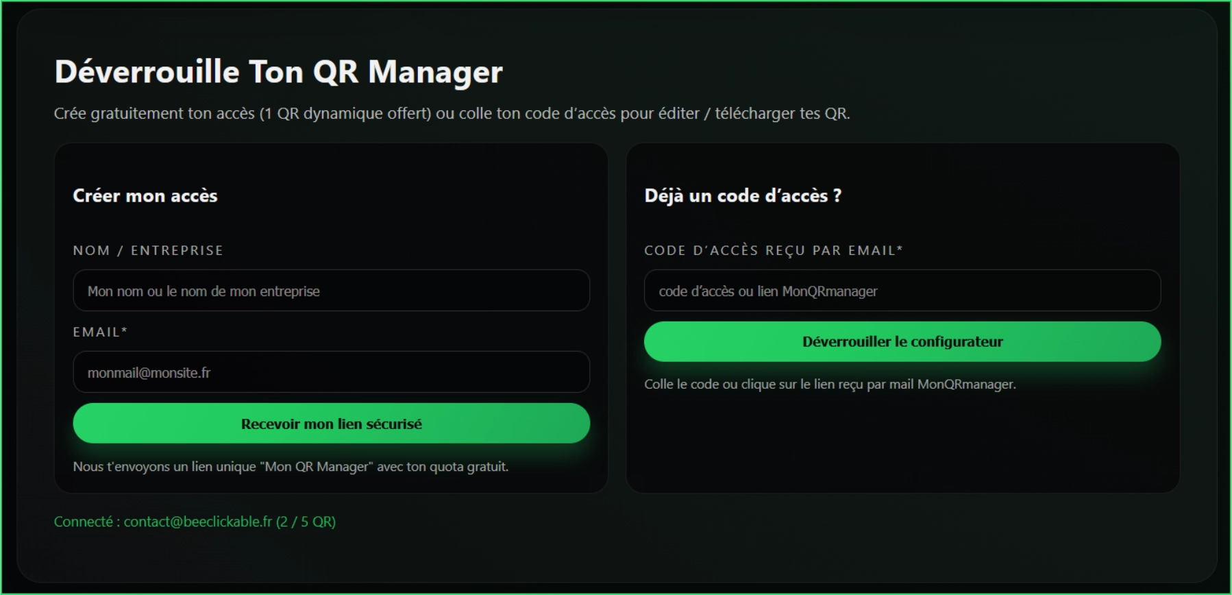 Formulaire Créer mon accès sur OkQR