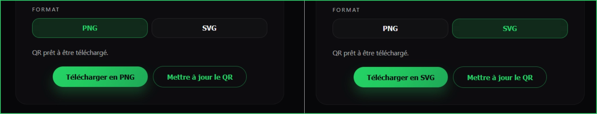 Prévisualisation du QR et bouton de téléchargement PNG/SVG