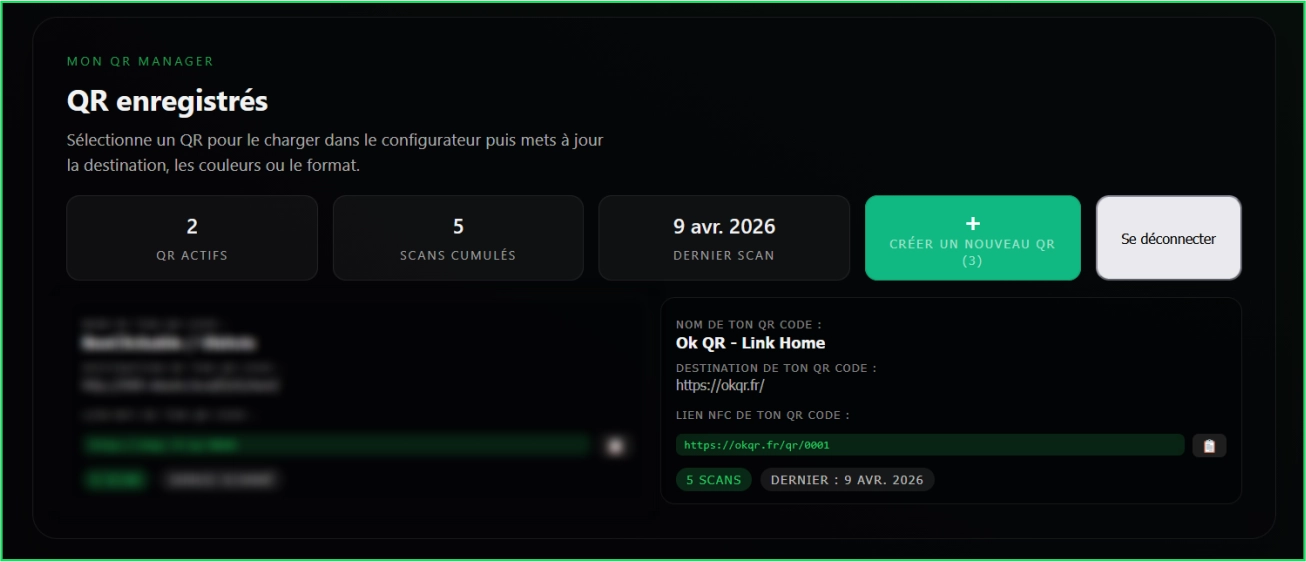 Tableau de bord Mon QR Manager avec statistiques