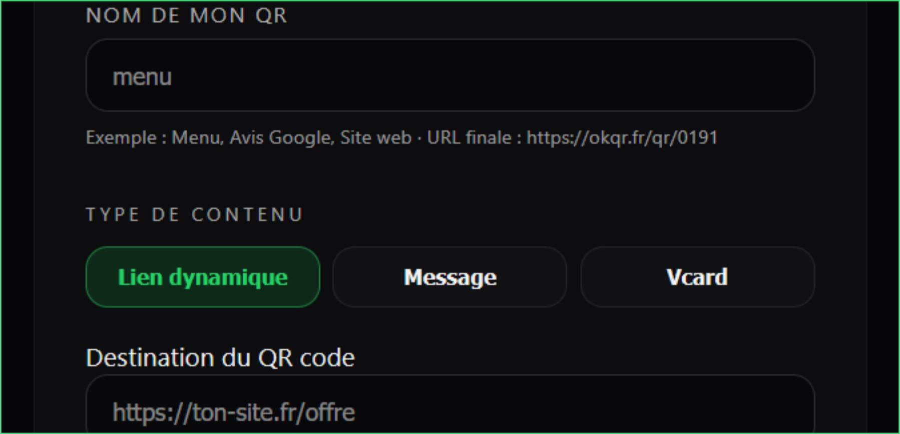 Sélection du type de contenu et champ Destination